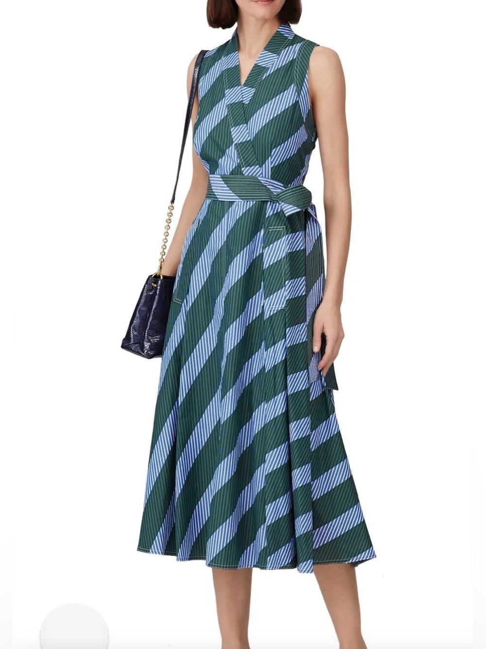 Tory Burch Wrap Dress Diagonal Blue Striped Cotton Size 6